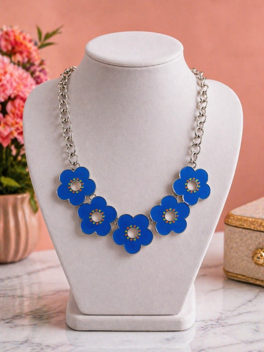 Blue Enamel Flower Statement Necklace Silver-Tone Chain Bold Floral